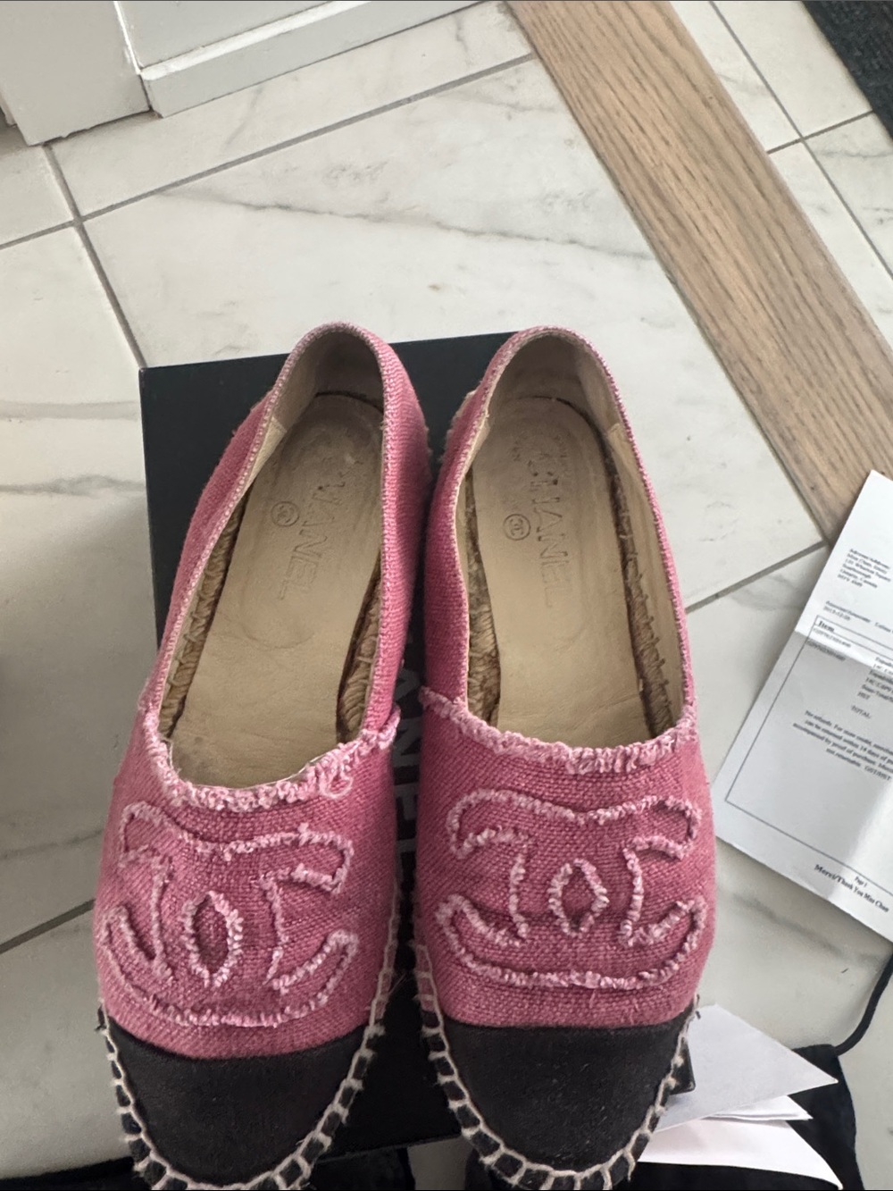 Authentic CHANEL Pink Espadrilles with Black Cap Toe and Embroidered CC - Picture 2 of 7